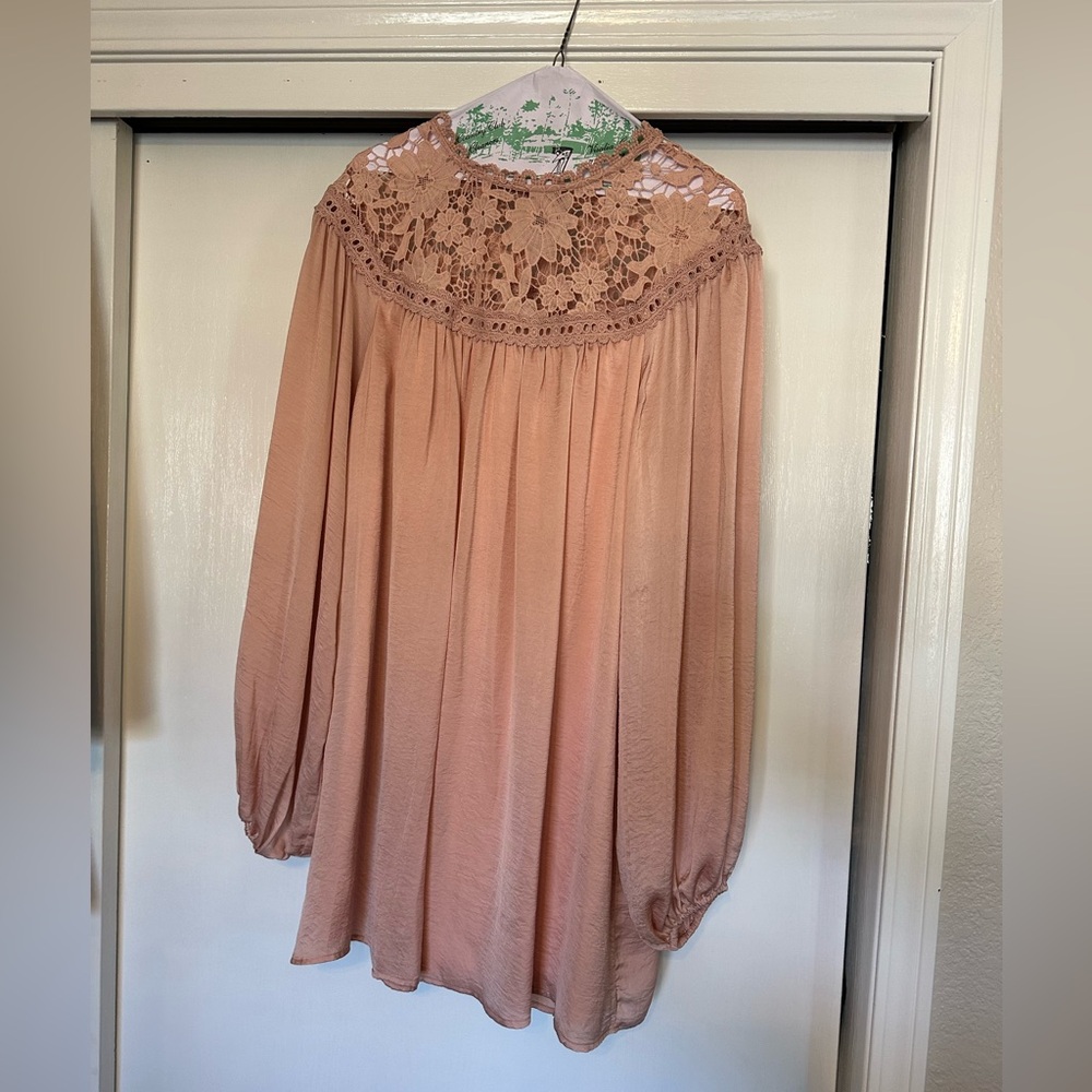 Blush Pink Long Sleeve Shift Dress with Lace Detail